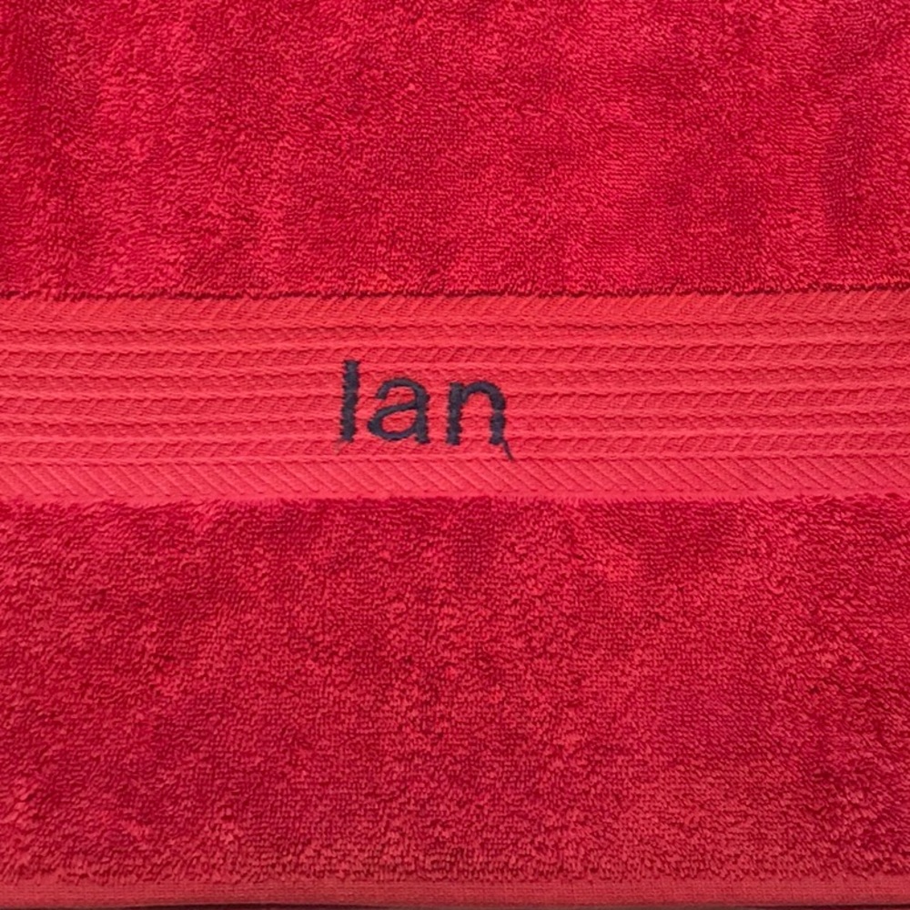 Red Kids Beach Towel Monogrammed “Ian” in Navy 29 w x 52 l